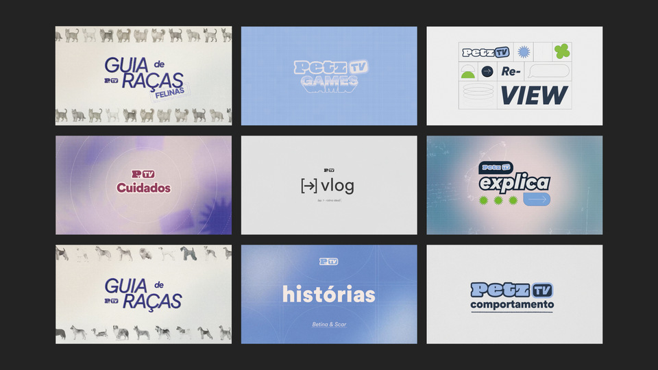 A collage of Petz TV show opening title cards on a dark background.